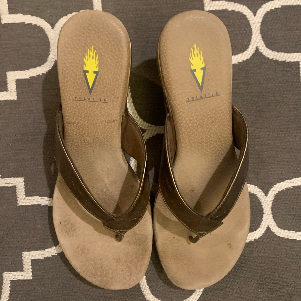 Volatile Swiss Btonze sandals & cork wedge heel.